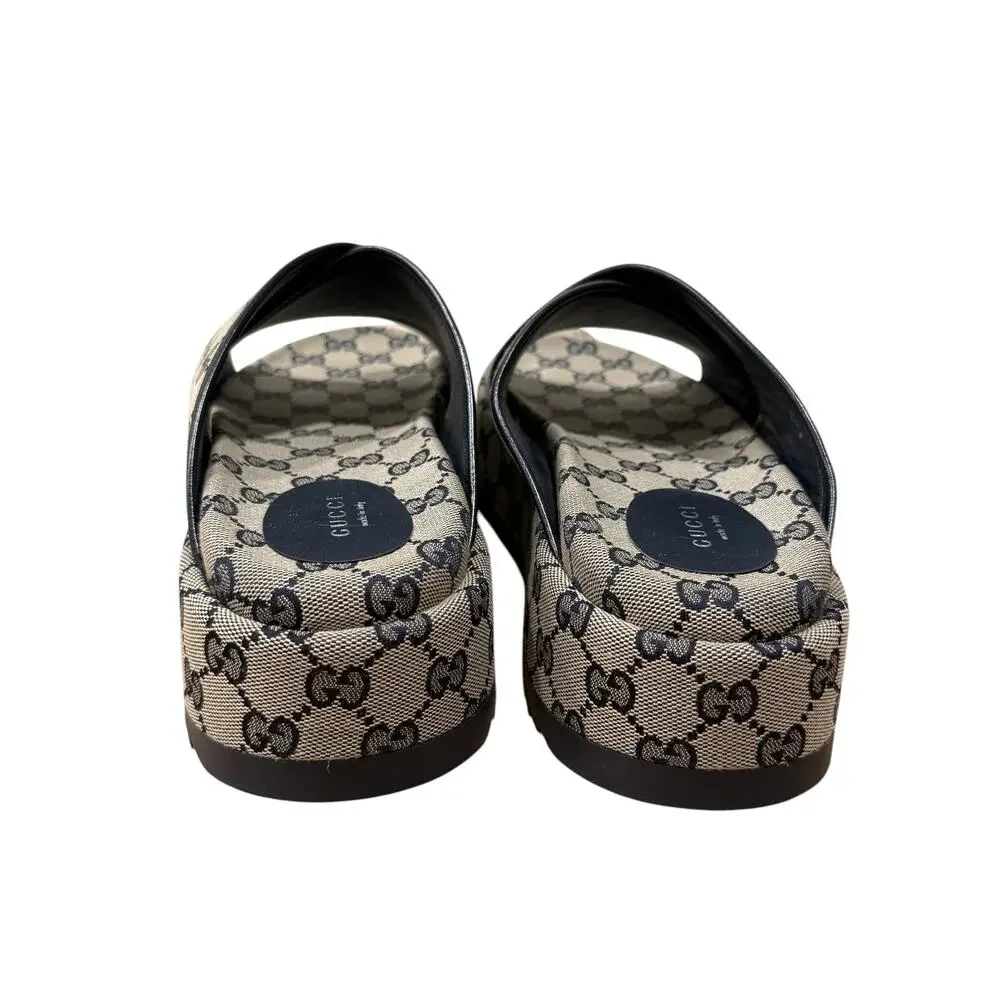 Gucci Beige Navy GG Canvas Slide Sandals EU 41 Women's Logo Flat Slides